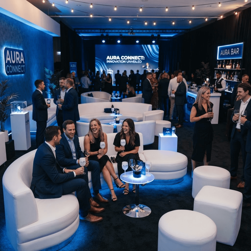 Montaje lounge corporativo con iluminación azul para lanzamiento de producto — Punto Urbano